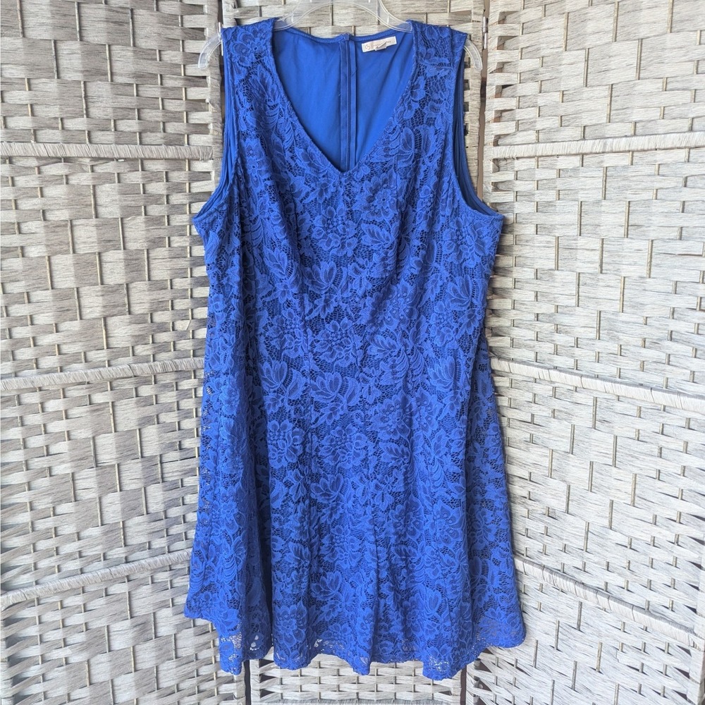 CB Established 1962 Floral Lace V-Neck Dress Royal Blue Cobalt‎ Sleeveless Sz 24